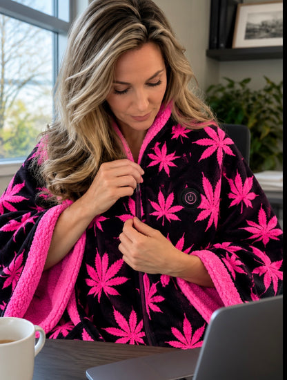 Heated Kush Shawl — Pink, worn by a woman at her WFH desk