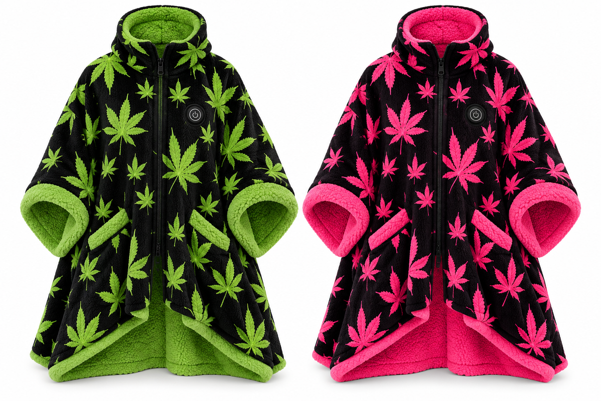 Heated Kush Shawl — Green and Pink colorways side by side, cannabis-leaf print on black with sherpa trim and chest heat button